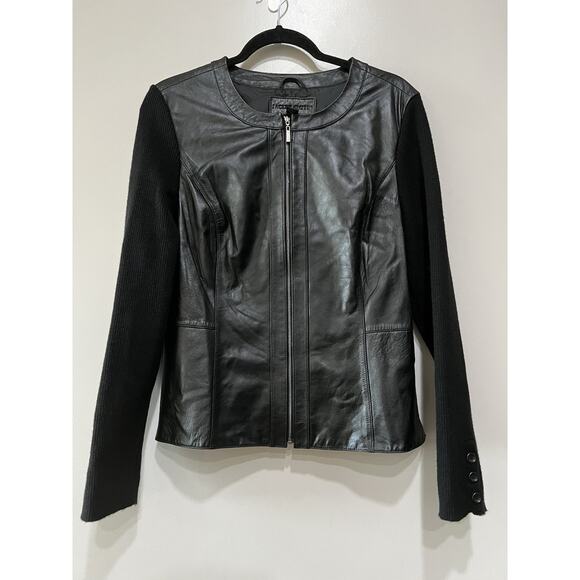 Jaclyn Smith Classic Transitional Black leather Ribbed knit light Jacket Large - Picture 2 of 8